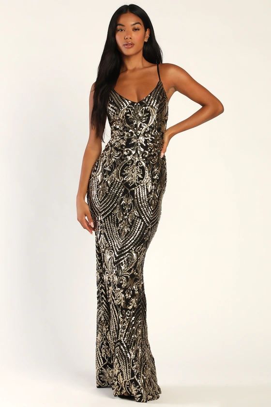 Truly Alluring Black and Gold Sequin Mermaid Maxi Dress | Lulus (US)