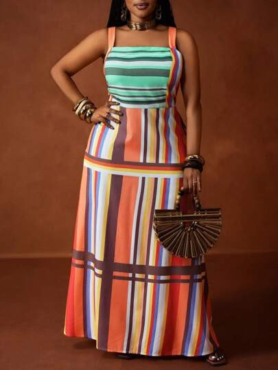 Veslaya 2026 Spring & Summer African Line Drawing Vacation Casual Daily Striped Allover Placement... | SHEIN