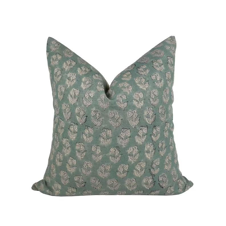 Linen Block Print Pillow Cover, Dusty Blue Hand Block Print on Linen Pillow, Linen Floral Pillow | Etsy (US)