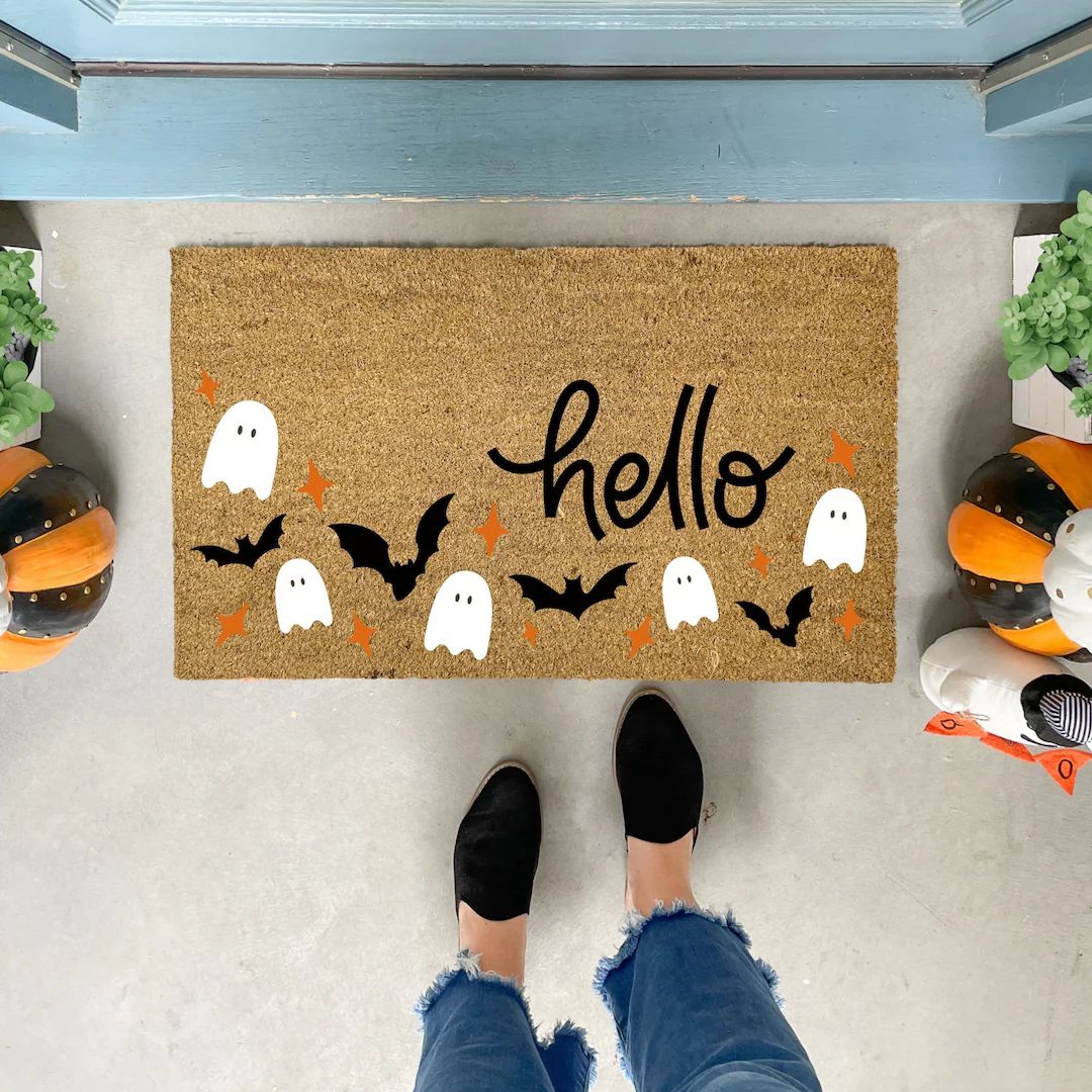 Halloween Doormat Bats, Ghost Welcome Mat, Outdoor Doormat, Fall Door Decor, Ghost Doormat Large,... | Etsy (US)