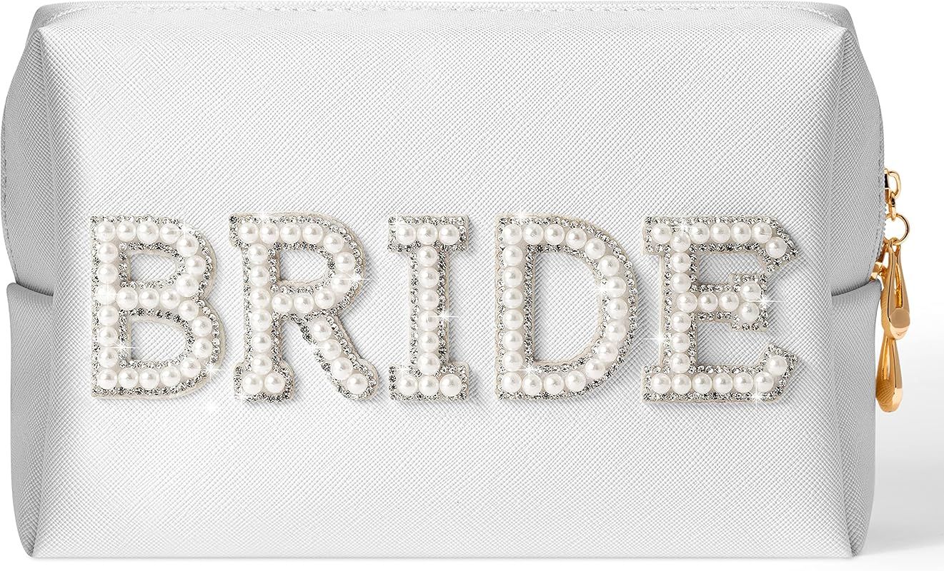 Bride Patch Pearl Rhinestone Bag Cosmetic Travel Toiletry Bag Letter Large White Makeup Bag Porta... | Amazon (US)