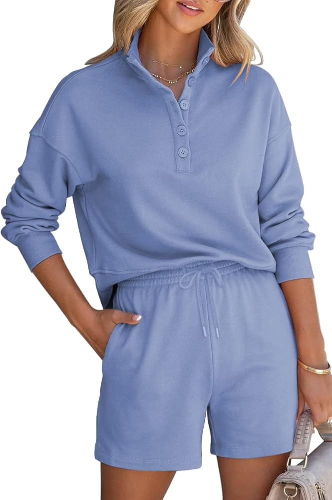 AUTOMET Women's Lounge Sets Two Piece Outfits Long Sleeve Shirts & Drawstring Shorts Tracksuit Sw... | Amazon (US)