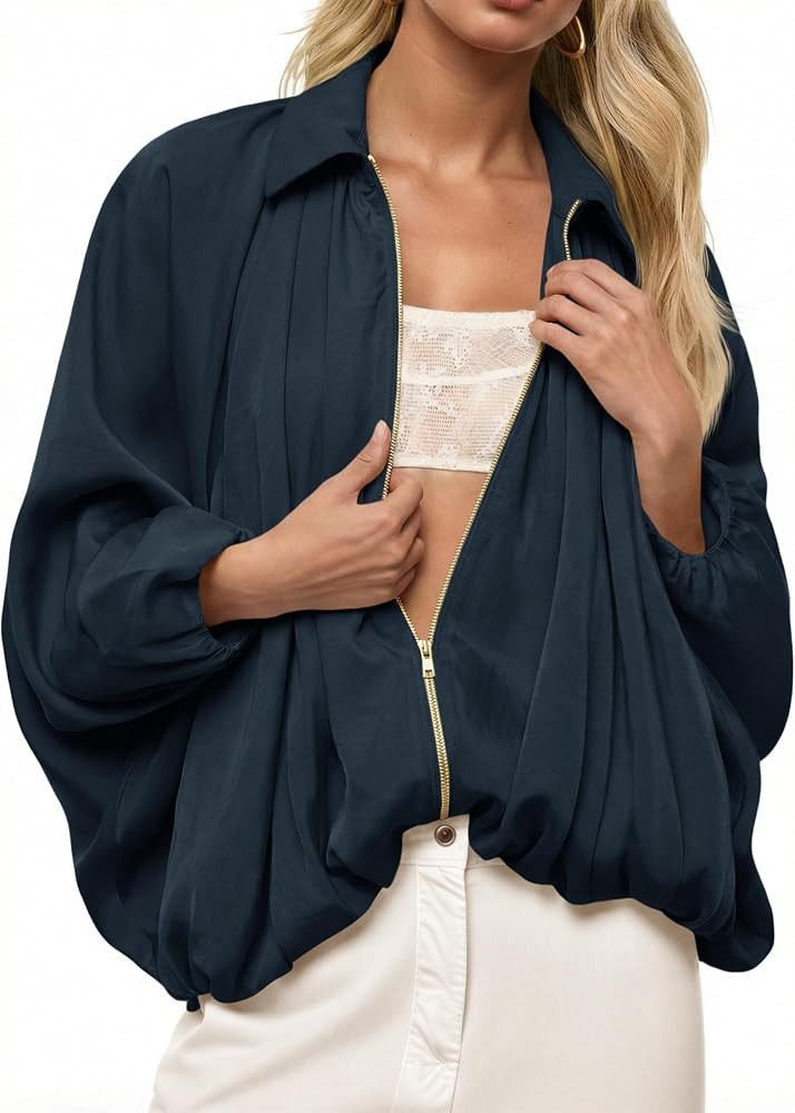 Tankaneo Womens Bomber Jackets Oversized Batwing Sleeve Zip Up Puffed Jacket Lapel Collar Pleated... | Amazon (US)