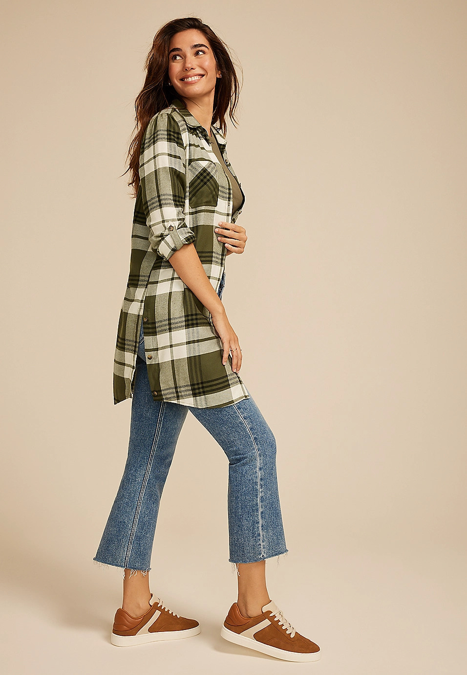 Olive Plaid Button Down Duster Shirt | Maurices