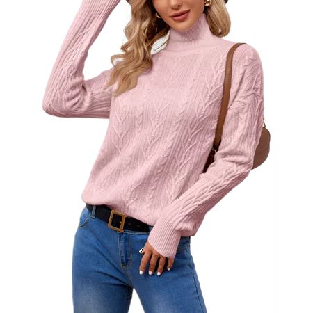 BERTHMEER Pink Turtleneck Womens Sweaters Tops Oversized Sweaters Cable Knit Sweaters 30% Wool Sweat | Walmart (US)