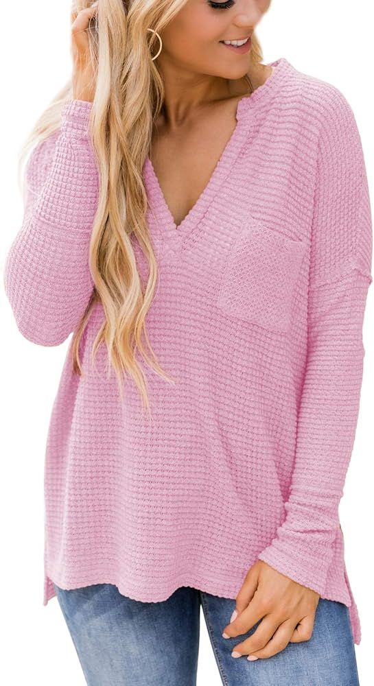 TongKiKi Womens Long Sleeve V Neck Waffle Knit Top Oversized Pullover Sweaters with Pocket | Amazon (US)