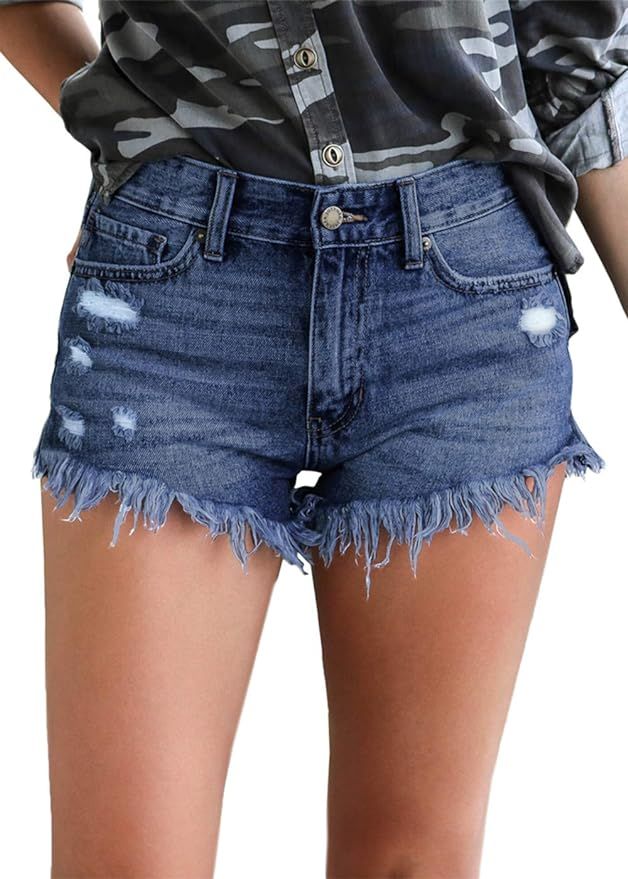 IWEAGER Women's Strechy Distressed Denim Shorts Mid-Rise Frayed Raw Hemline Ripped Denim Short Jeans | Amazon (US)