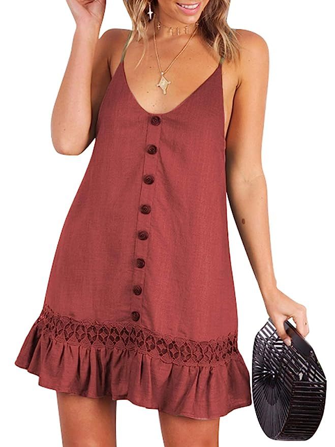 D Jill Women's Summer V Neck Spaghetti Strap Button Down Swing Casual Mini Dress Sleeveless | Amazon (US)