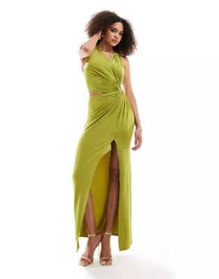ASOS DESIGN cut out ruched detail maxi dress with split in olive green | ASOS (Global)