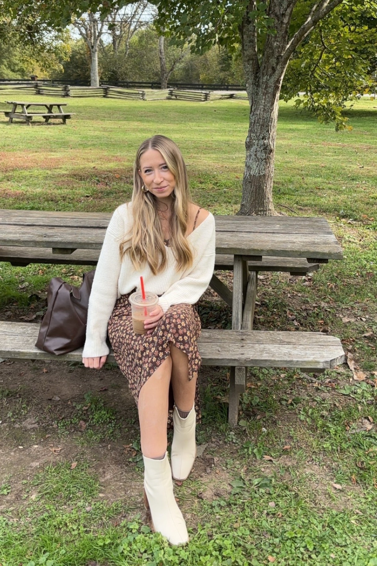 Fall dress and sweater outfit ideas🍂🤎 linked similar brown floral dresses and off white sweaters from amazon & shein! 

#LTKSeasonal #LTKStyleTip #LTKHoliday