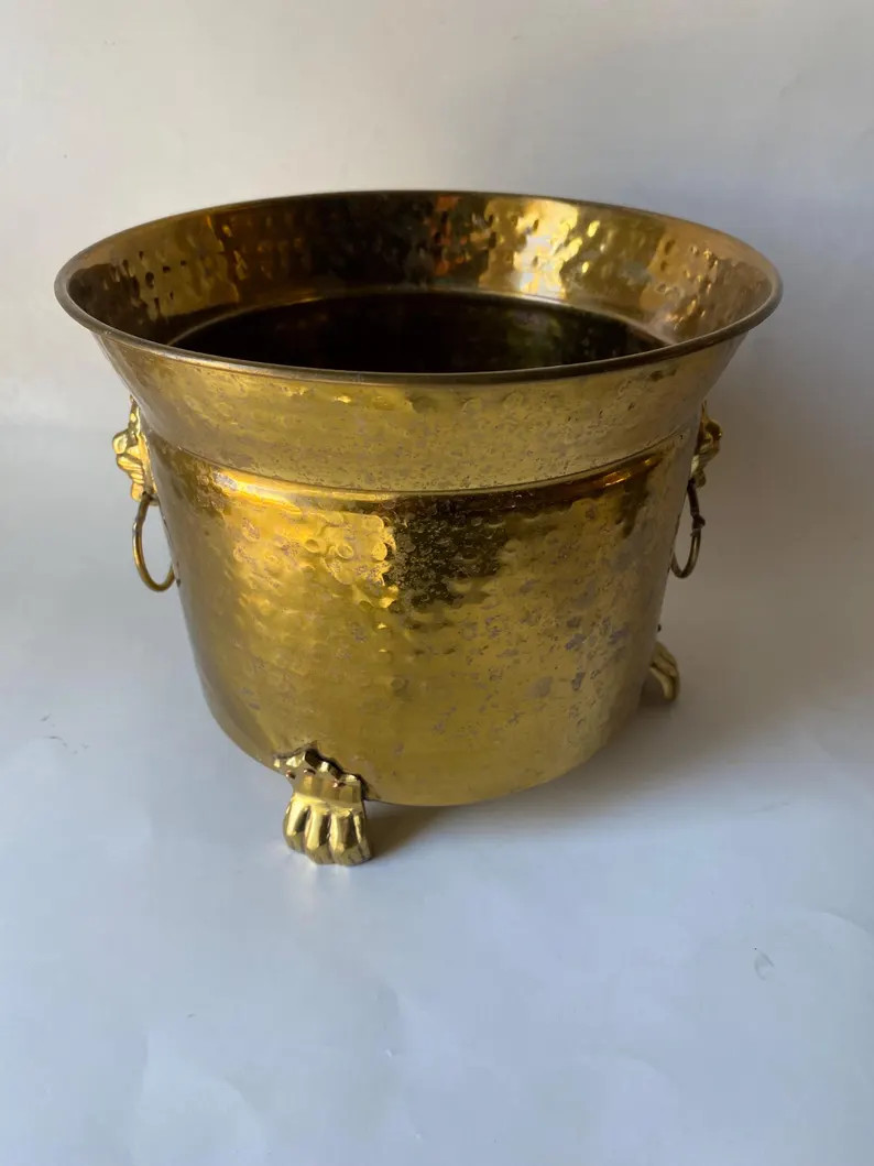Vintage Hammered Brass Footed Planter With Lion Head Jardeniere Catchall Bowl 7”tall - Etsy | Etsy (US)