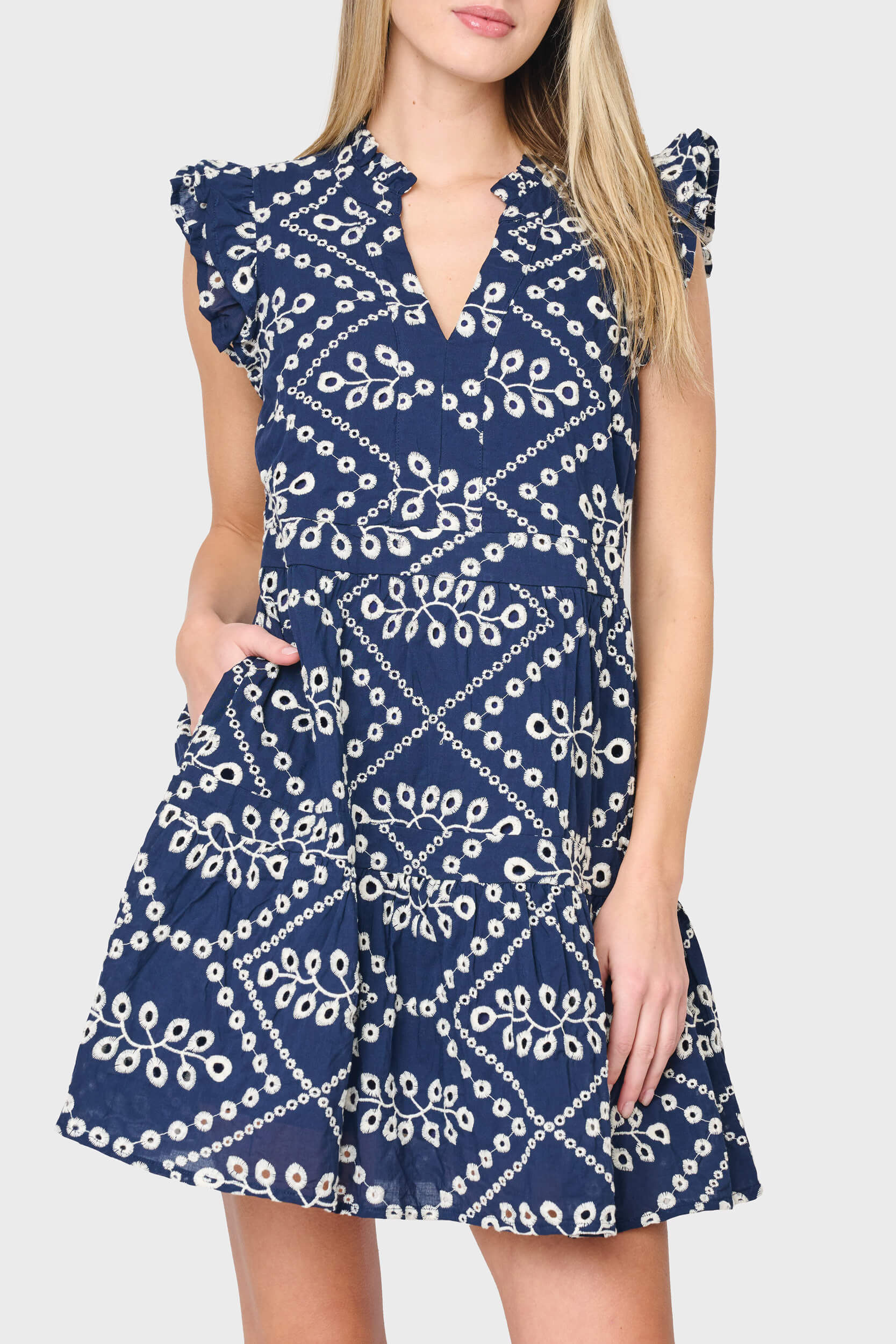 Flutter Sleeve Decked Out Day Dress | Navy Eyelet Cotton Dress | Gibsonlook