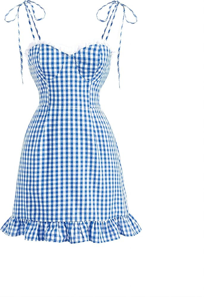 Floerns Women's Gingham Print tie Shoulder Sleeveless Ruffle Hem cami Dress | Amazon (US)