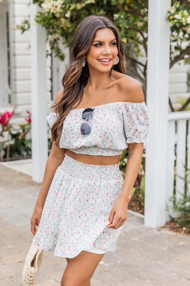 One More Time Ivory Floral Off The Shoulder Crop Top | Pink Lily