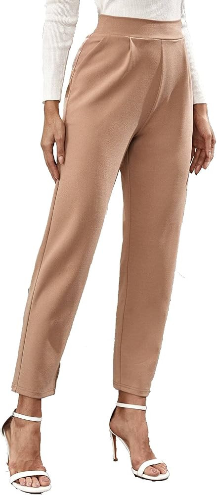 Floerns Women's Solid High Waist Tapered Ankle Stretch Work Pants | Amazon (US)