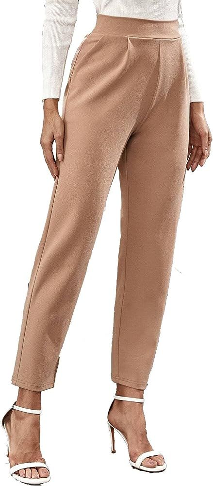 Floerns Women's Solid High Waist Tapered Ankle Stretch Work Pants | Amazon (US)