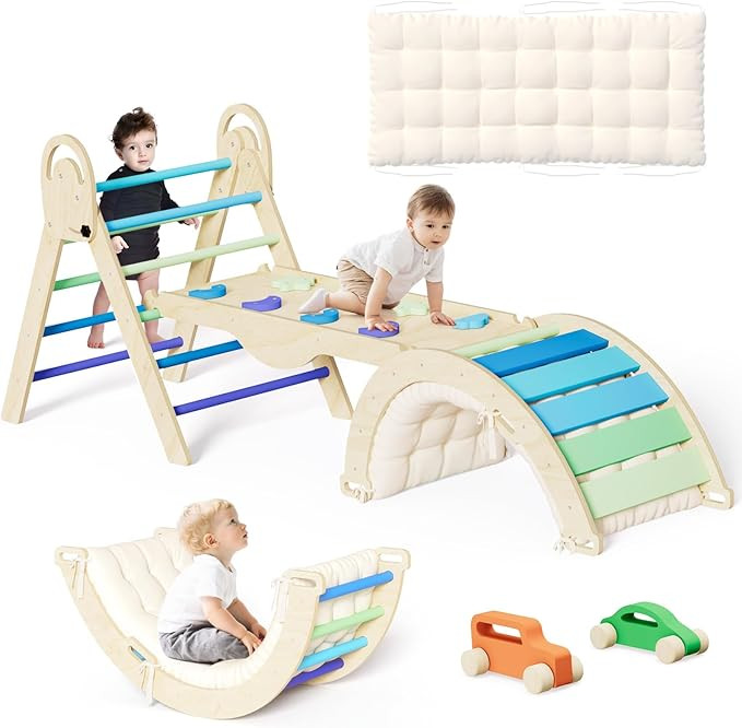 Pikler Triangle Set with Cushion, Montessori Climbing Set, Indoor Climb Toys, Indoor Playground J... | Amazon (US)