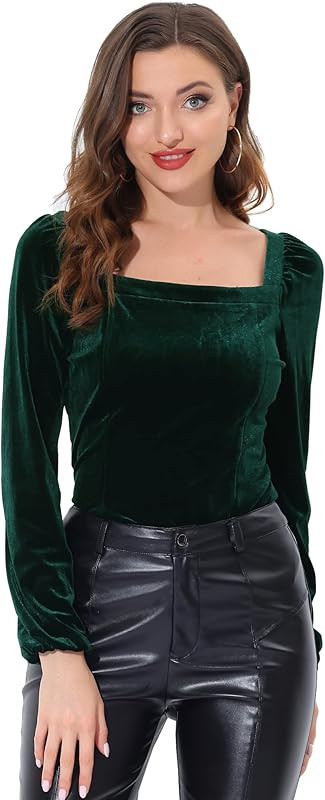 Allegra K Velvet Tops for Women's Soft Vintage Square Neck Long Sleeve T-Shirt | Amazon (US)