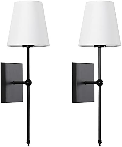 Set of 2 Slim Wall Sconces with White Fabric Shade, Matte Black Base Indoor Wall Light Fixtures f... | Amazon (US)