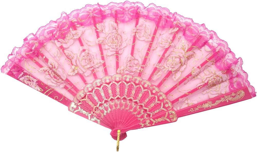 TRENDBOX Flower Rose Lace Handheld Chinese Folding Fan for Dancing Ball Parties Ladies - Hot Pink | Amazon (US)