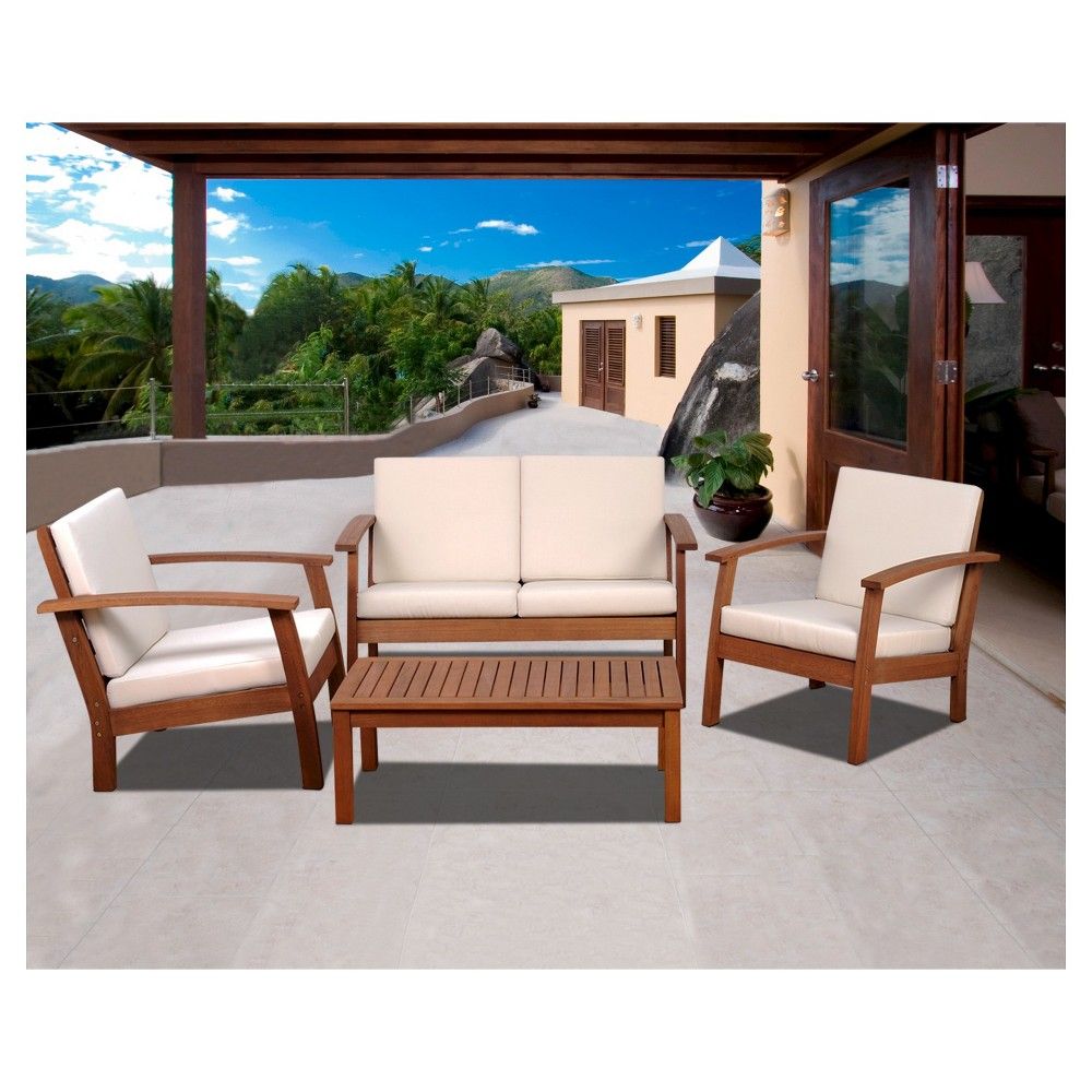 Laguna Beach 4-Piece Eucalyptus Wood Patio Set with Off-White Cushions - Brown | Target