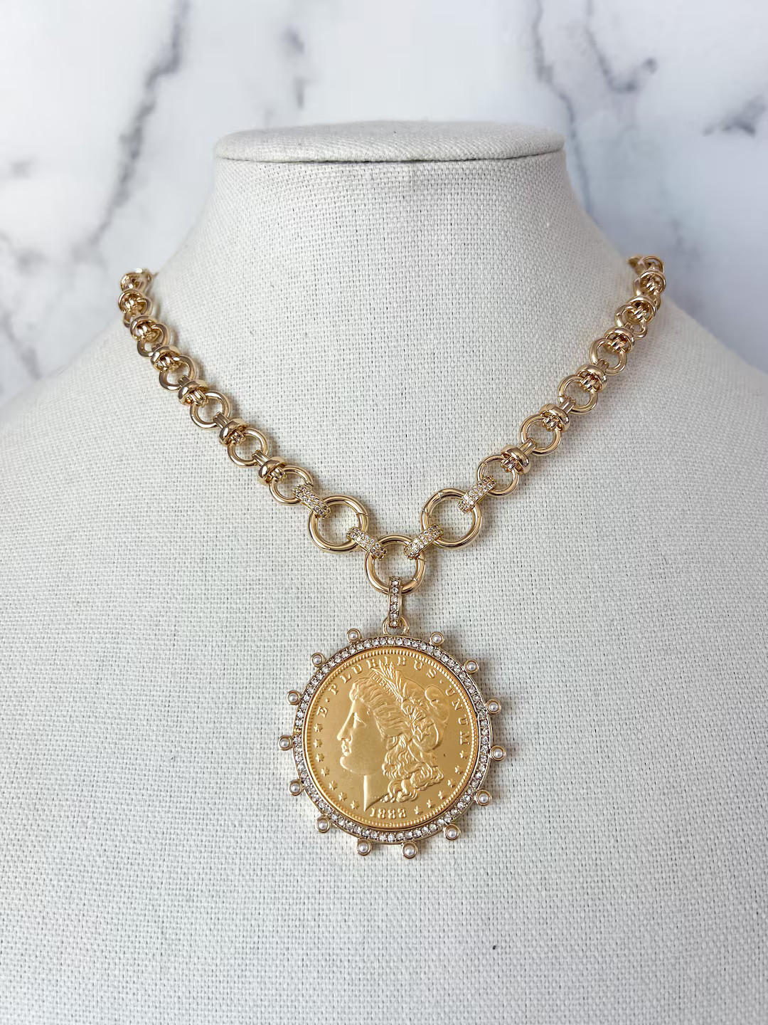 Vintage Coin Necklace Gold Statement Necklace Gold Chunky Necklace Large Gold Coin Pendant XL Coi... | Etsy (US)