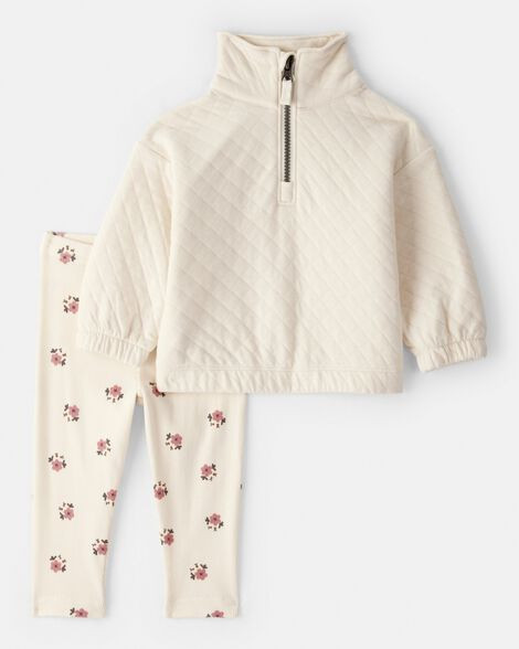 Baby Girl Quilted Quarter-Zip & Floral Legging Set - Cream | Carter's Inc