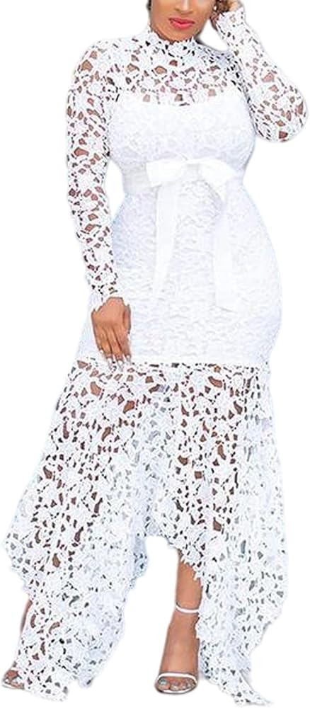 FYEARFOX Women's Plus Size Hollow Floor Length Lace Up Asymmetrical Maxi Dress Sexy Lace Dress Pa... | Amazon (US)