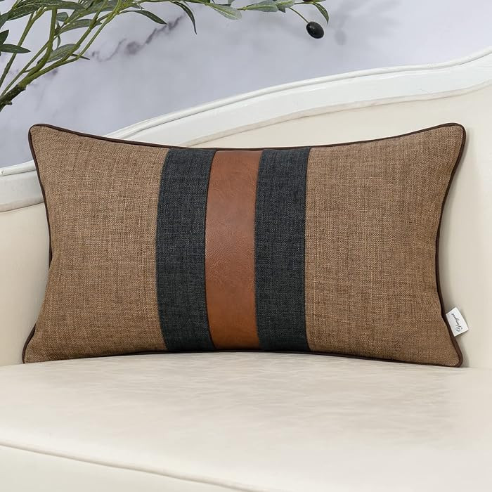 Patchwork Pillow Cover 12x20 Inch Luxury Cotton and Linen Cushion Cover Faux Leather Pillowcover ... | Amazon (US)