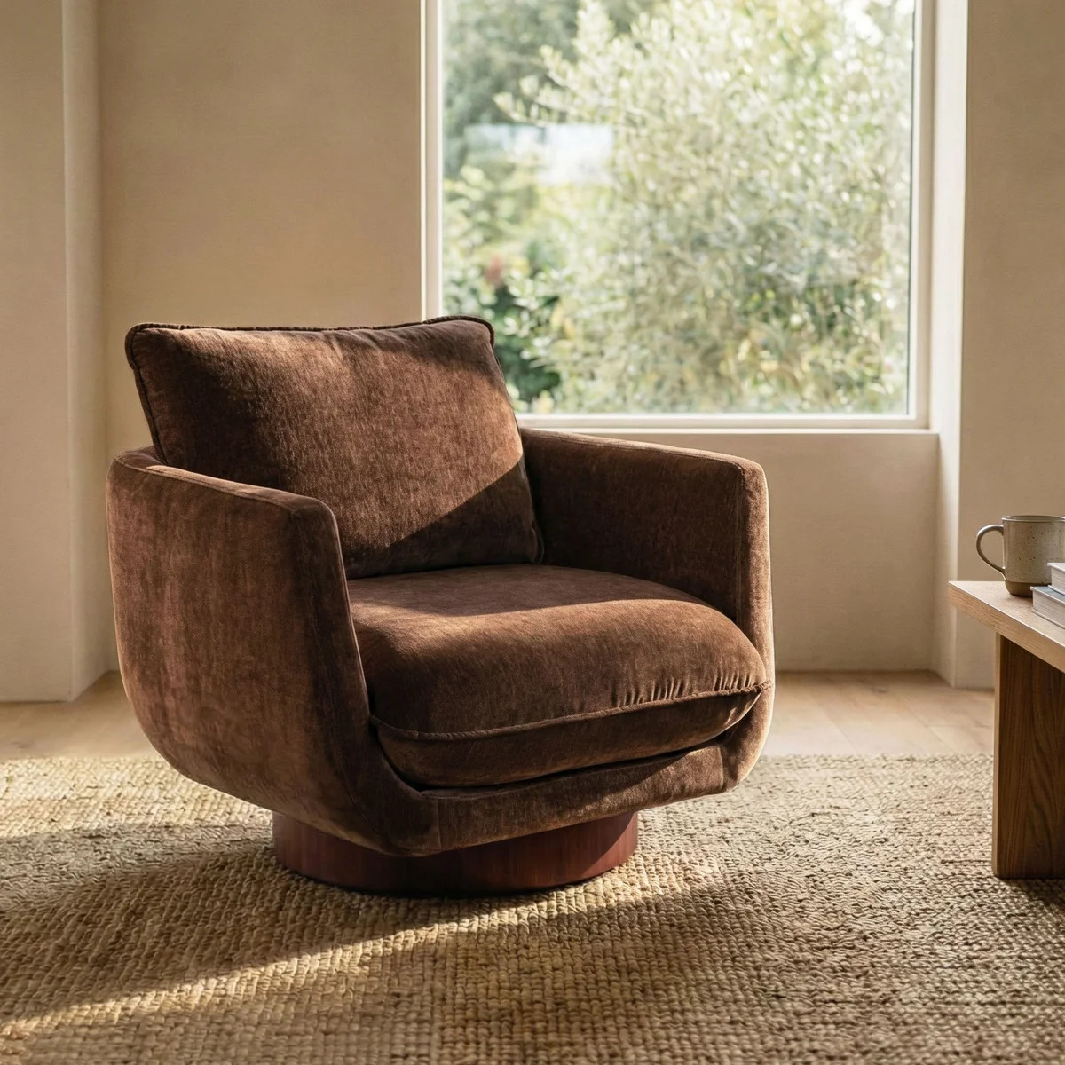 Carla 360 Degree Chenille Velvet Swivel Lounge Chair With Walnut Base | Wayfair North America
