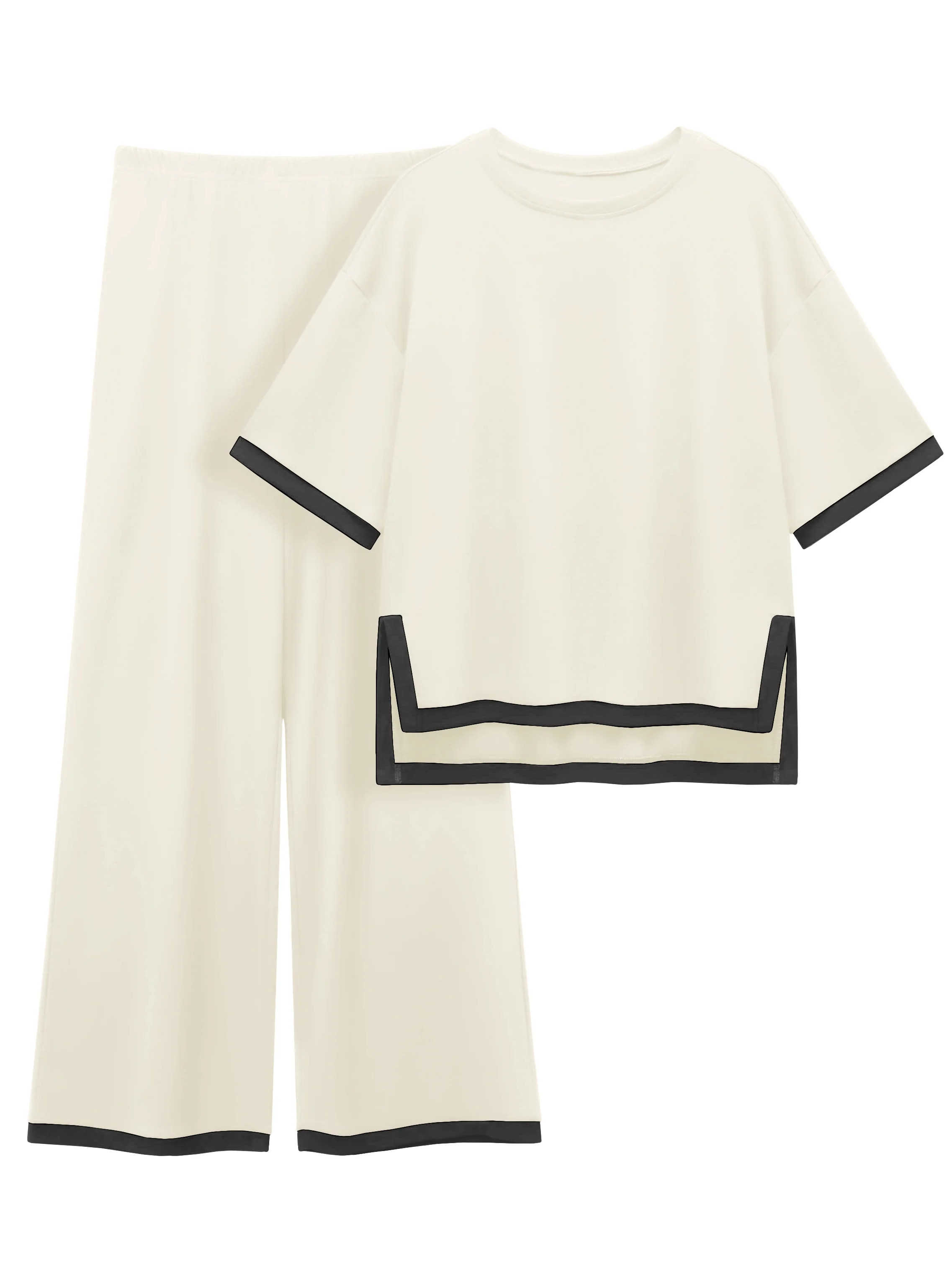 MINTREUS Women's Cotton 2-Piece Loungewear Short-Sleeve Round-Neck Pullover Top Wide-Leg Pants Wo... | Walmart (US)