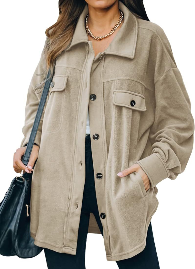 Astylish Women Casual Coat Long Sleeve Shacket Shirts Jacket with Pockets | Amazon (US)