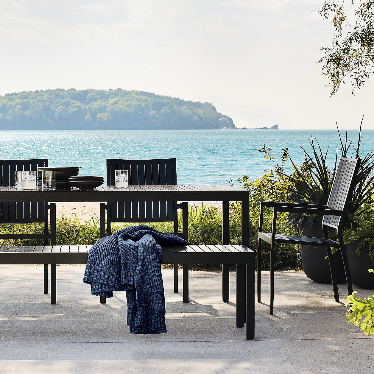 Alfresco 78" Black Metal Outdoor Dining Table Set with Bench and Silver Sunbrella Cushions + Revi... | Crate & Barrel