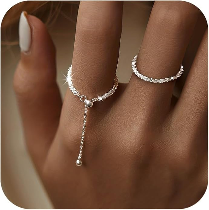 Stackable 925 Sterling Silver Link Chain Ring with Dangle Beaded Ball Adjustable Tassel Dangling ... | Amazon (US)