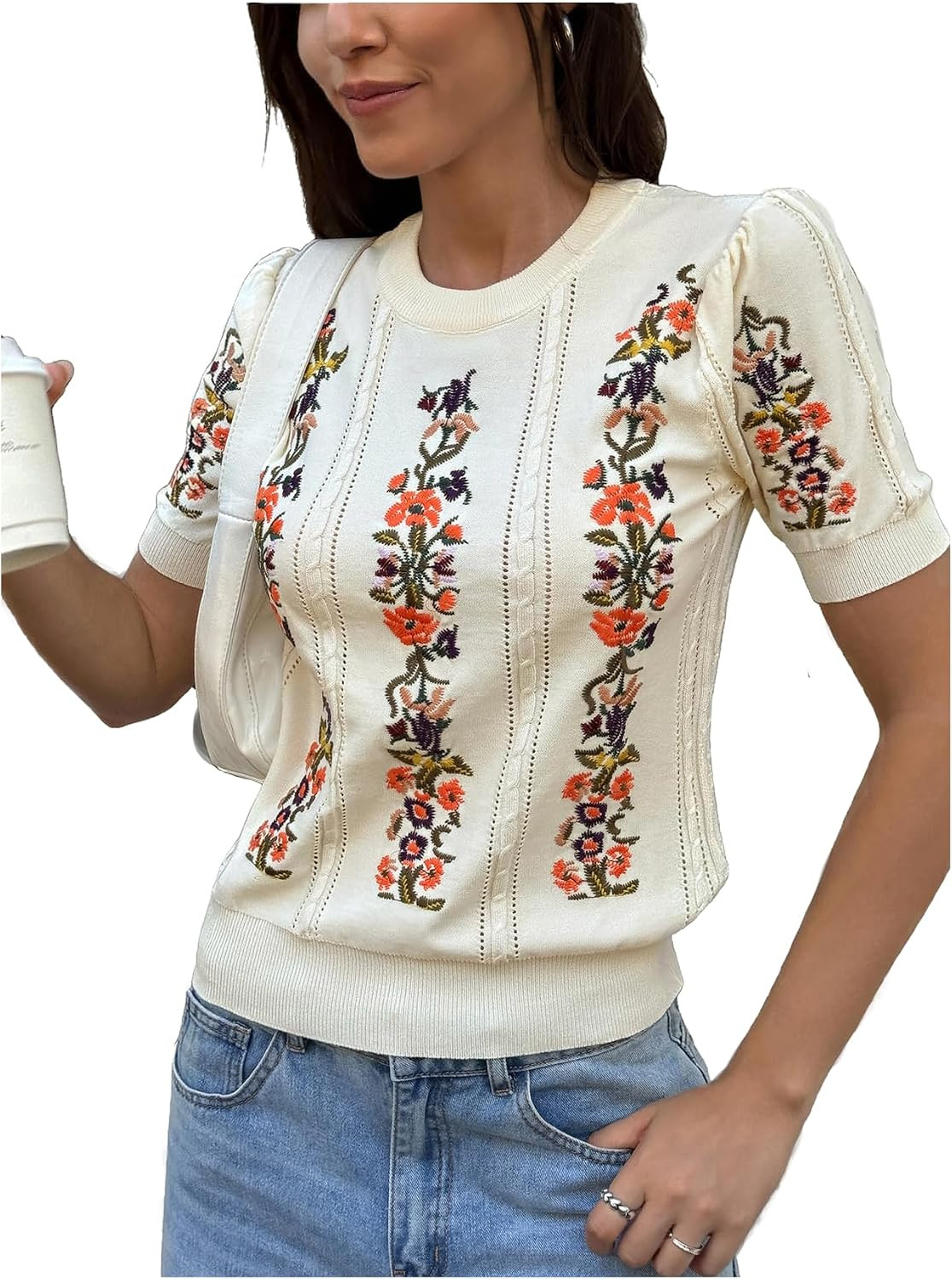 SHENHE Women's Lightweight Embroidered Sweater Floral Cable Knit Top | Amazon (US)