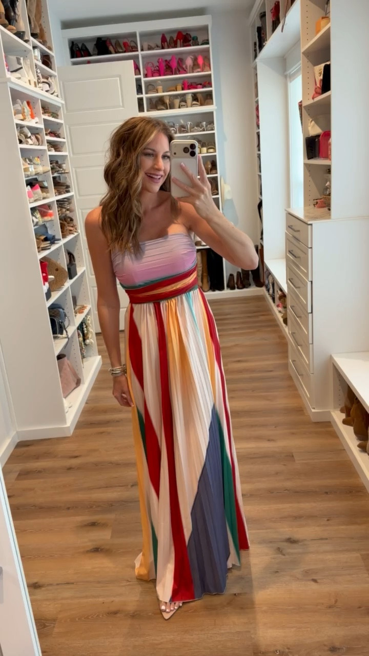 In a medium colorful strapless maxi dress, heels and accessories- fits tts. 

#LTKSeasonal #LTKgrwm #LTKootd