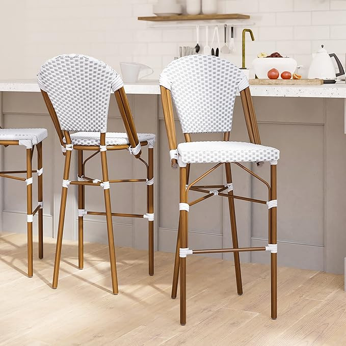 EMMA + OLIVER Colmar Bistro Bar Stool - Stacking Indoor/Outdoor PE Rattan Bar Stool with Bamboo F... | Amazon (US)
