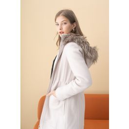 Faux Fur Hooded Wool-Blend Zipper Coat | Chicwish