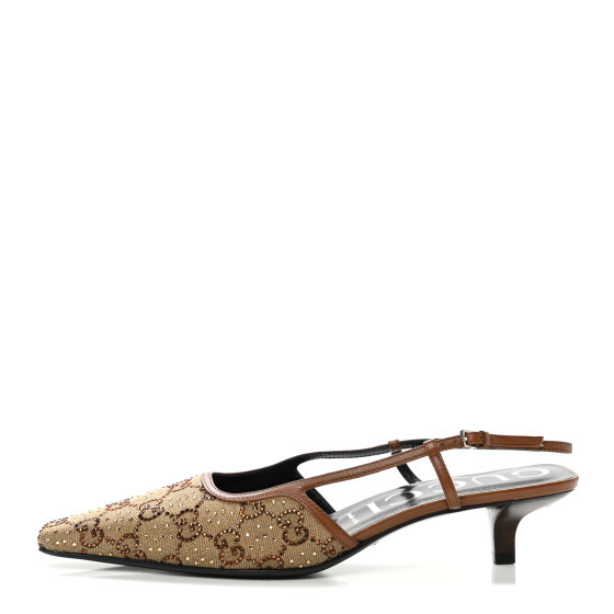 GUCCI Monogram Canvas Kid Crystal Aria GG Slingback Pumps 40 Camel Ebony | FASHIONPHILE (US)