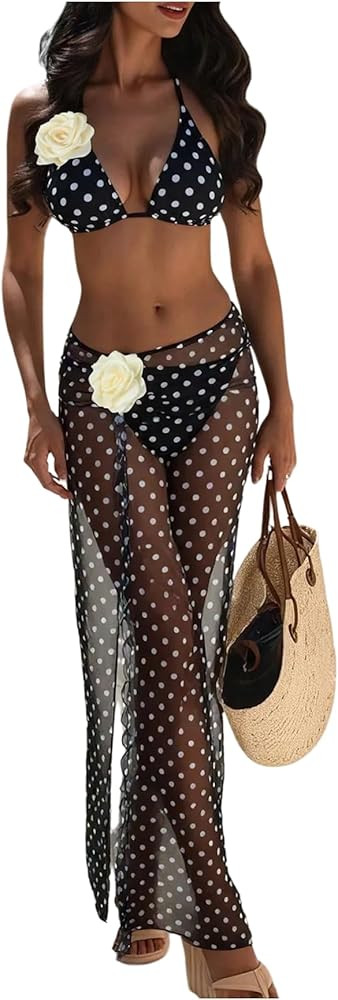 Verdusa Women's 3 Piece 3D Floral Halter Bikini Set Polka Dots String Swimsuits with Cover Up Ski... | Amazon (US)