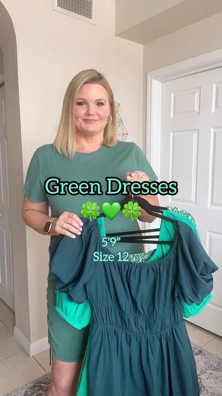 Green dresses! Size large in all three and I’m 5’9” and a size 12  

#LTKstyletip #LTKover40 #LTKmidsize