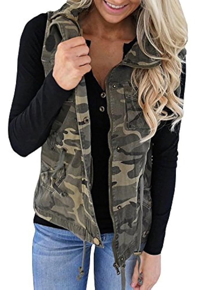 Farktop Women's Lightweight Sleeveless Military Stretchy Drawstring Jacket Vest With Zipper | Amazon (US)