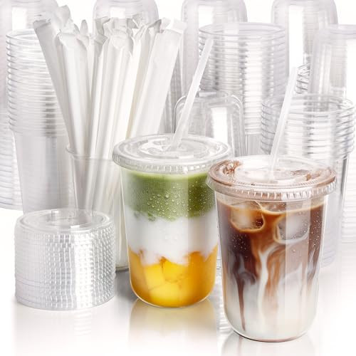 Boxential 100 Pack 16 oz Round Bottom Plastic Cups with Lids and Straws, Disposable Coffee Cups with Lids, To Go Iced Coffee Cups with Lids, Disposable Cups for Party, Smoothie Cup for Cold Drinks | Amazon (US)