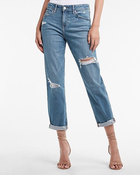 Mid Rise Rolled Hem Ripped Boyfriend Jean | Express