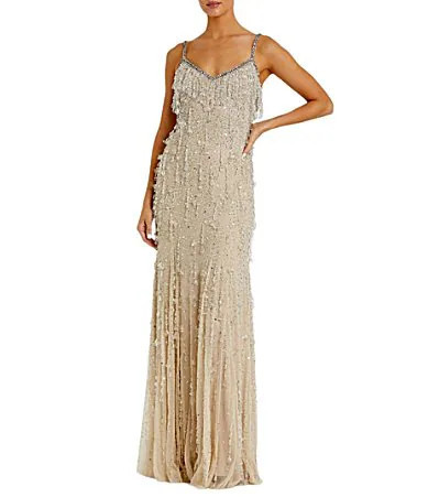 Mac Duggal Vneck Embellished Mesh Fringe Column Gown - 0 | Dillard's