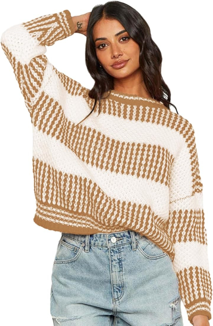 ZAFUL Women's 2024 Fall Winter Color Block Striped Sweater Crew Neck Sweaters Casual Loose Knit S... | Amazon (US)