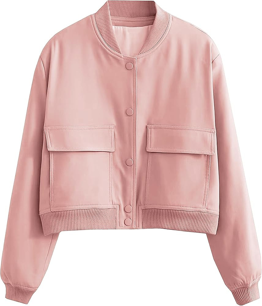 Cropped Bomber Jacket Women Button down Baseball Varsity Jacket with Pockets | Amazon (US)