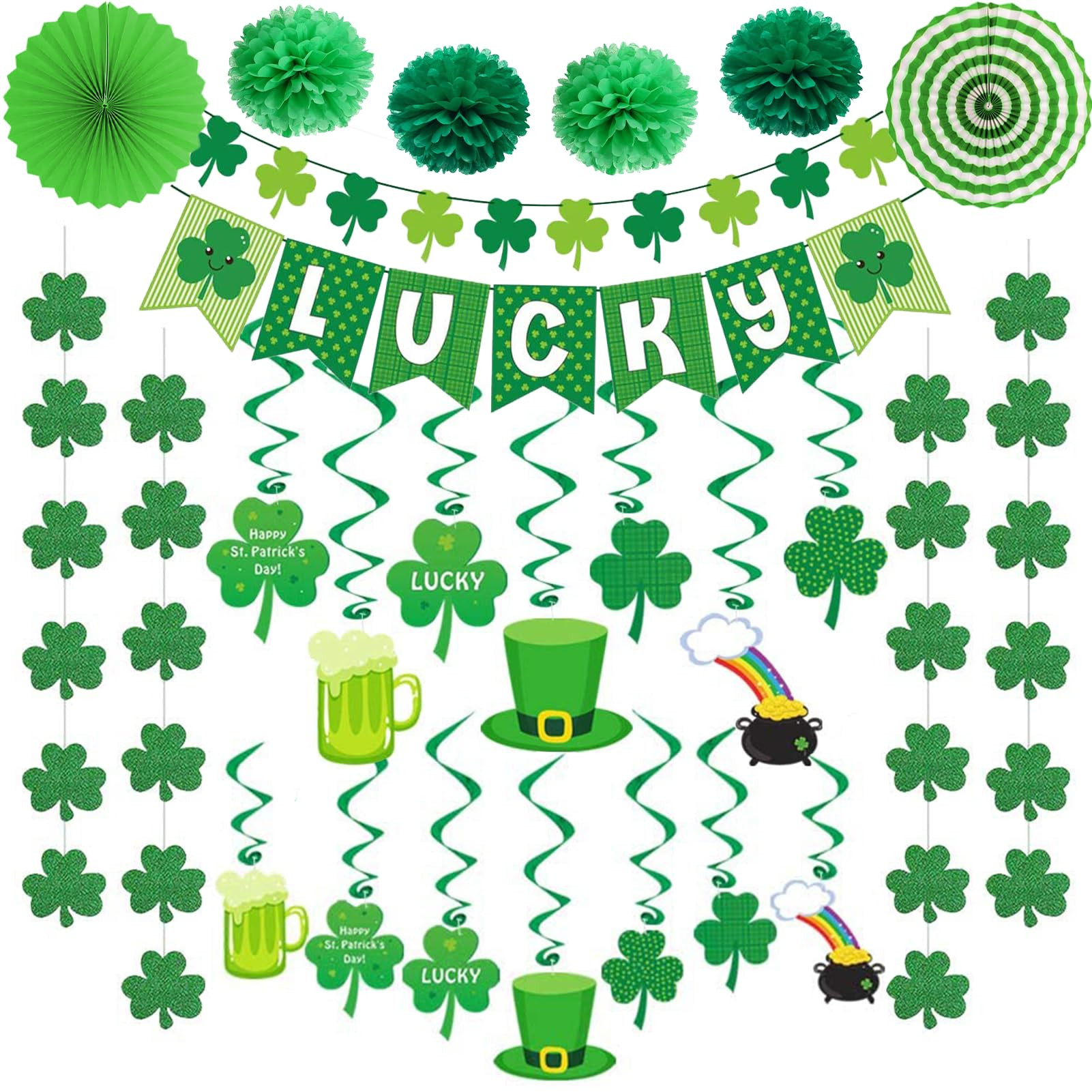 DAZONGE 40ct St. Patrick's Day Decorations Kit, Hanging Swirls, Banner, Shamrock Garlands for St.... | Amazon (US)