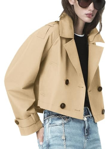 ELLEVEN Cropped Trench Coat for Women Lightweight Short Jackets Long Sleeve Notched Lapel Work Casual Loose Fit Fall Coats Old Money Clothes Khaki Medium | Amazon (US)