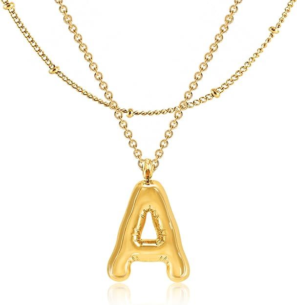 Bubble Letter Necklace Gold - Initial Necklaces for Women Girls 18K Gold Plated, Dainty Letter Go... | Amazon (US)